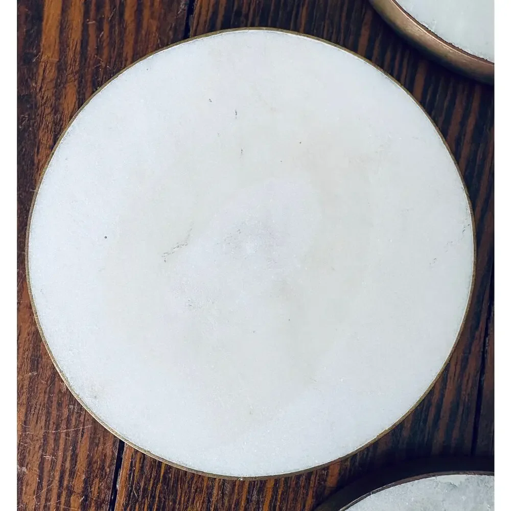 Artisan De Luxe White Gray Shimmer Mable & Brass Rim Coaster Set 4 Made In India